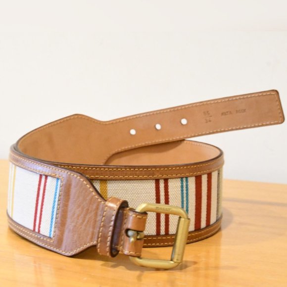 BALLY Stripe Canvas Leather Wide Waist Belt 34 - Picture 1 of 8
